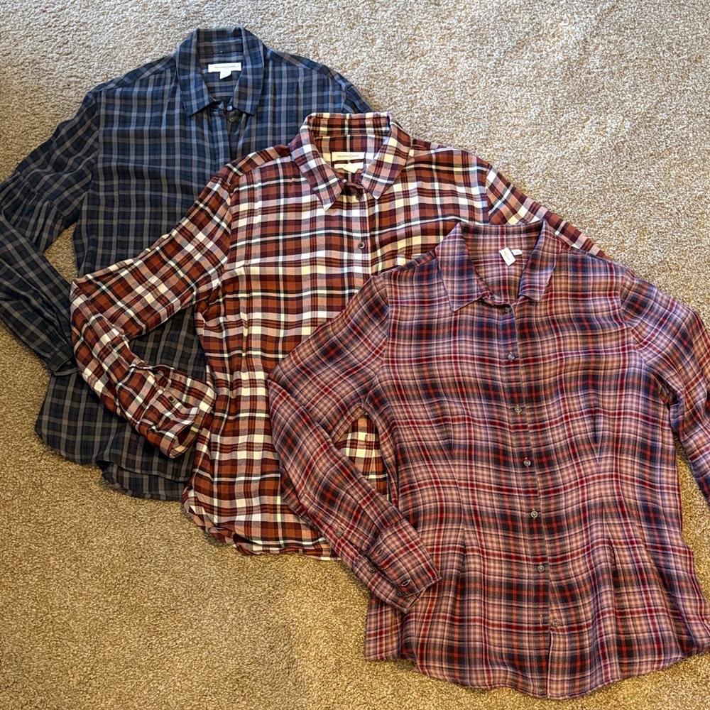 Treasure & Bond Women's Plaid Button-Down Shirt Trio - Blue, Brown, Burgundy